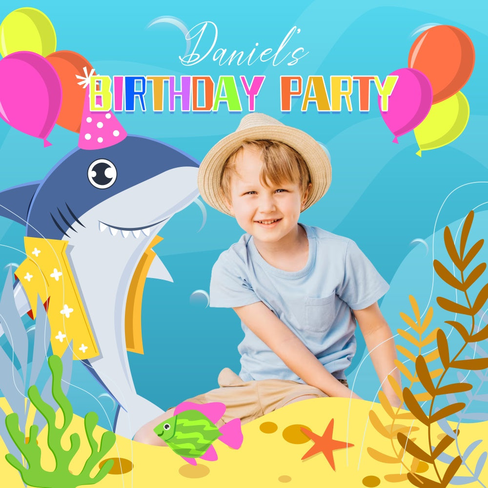Toile de fond Deco Anniversaire Personnalisé Aventure Requin Océan LXX6-68