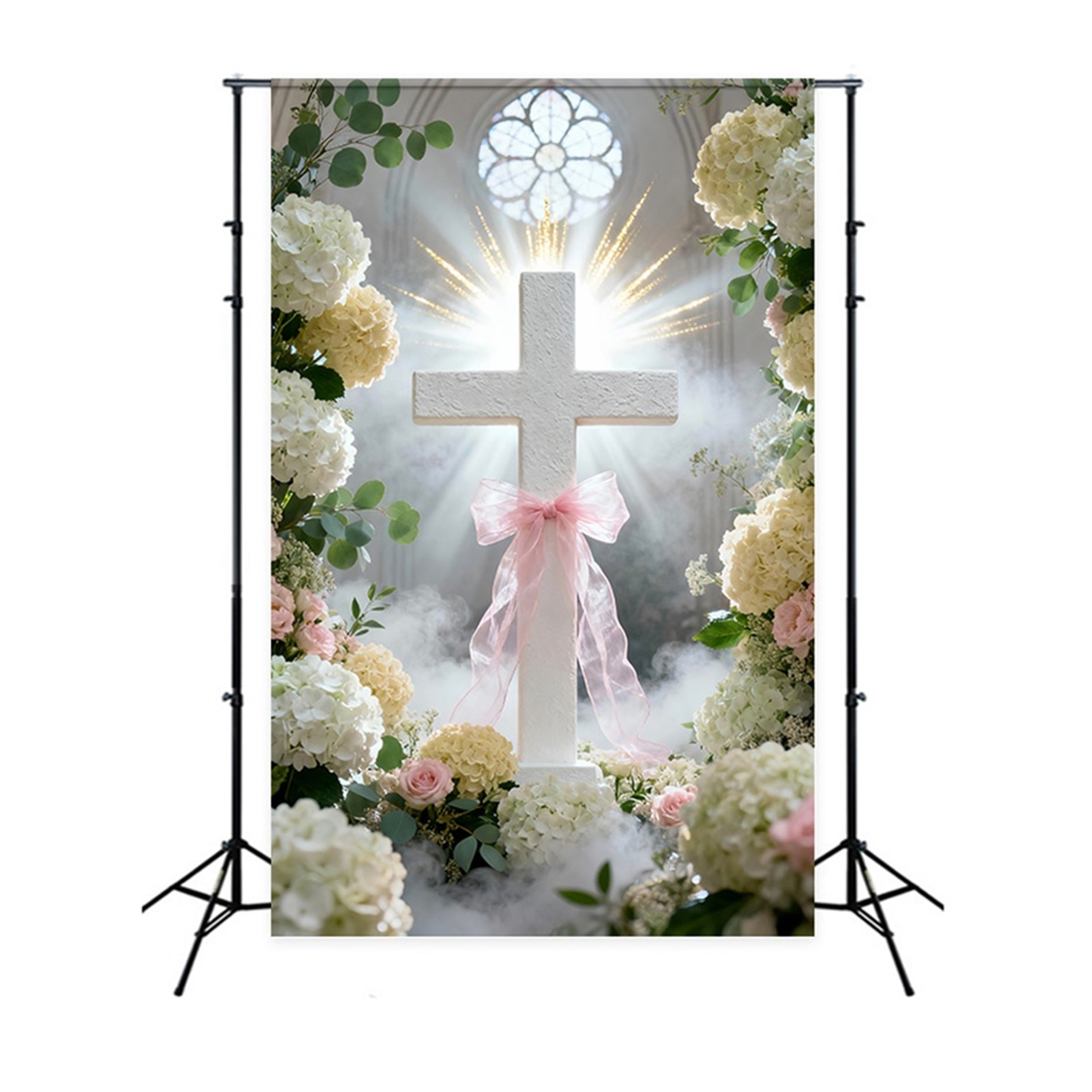 Fond de Pâques Fenêtre Église Ruban Rose Fleurs LXX61-108
