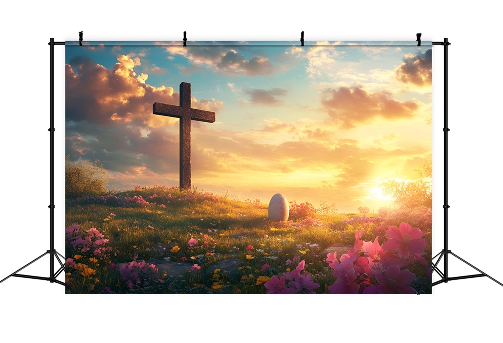 Toile de fond Pâques Il Est Ressuscité Croix Prairie LXX61-142