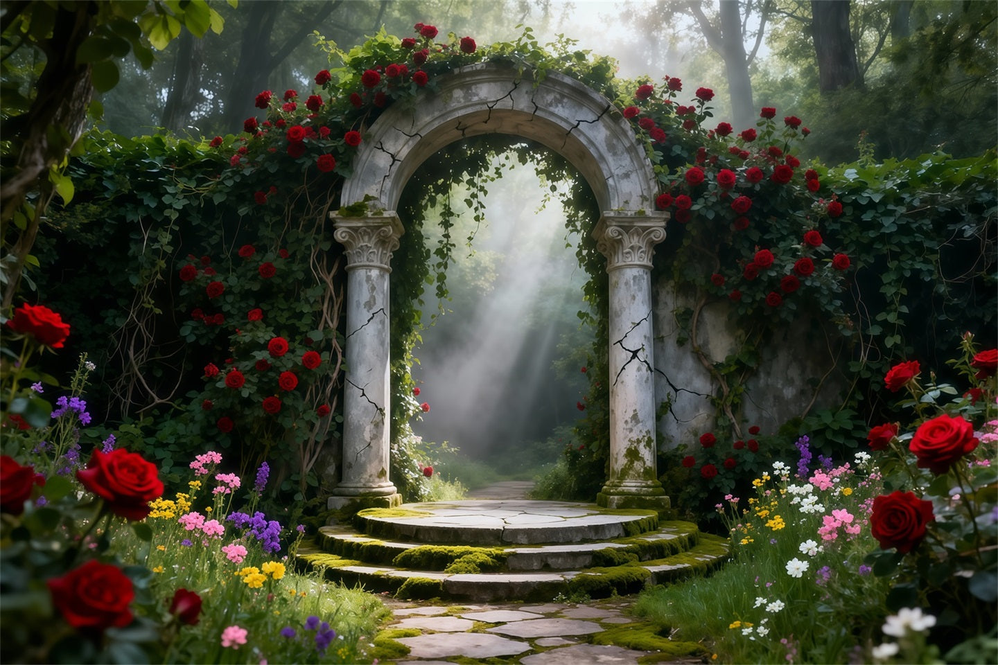 Fond Studio Photo Printemps Arche Pierre Jardin Roses Lumière LXX61-155