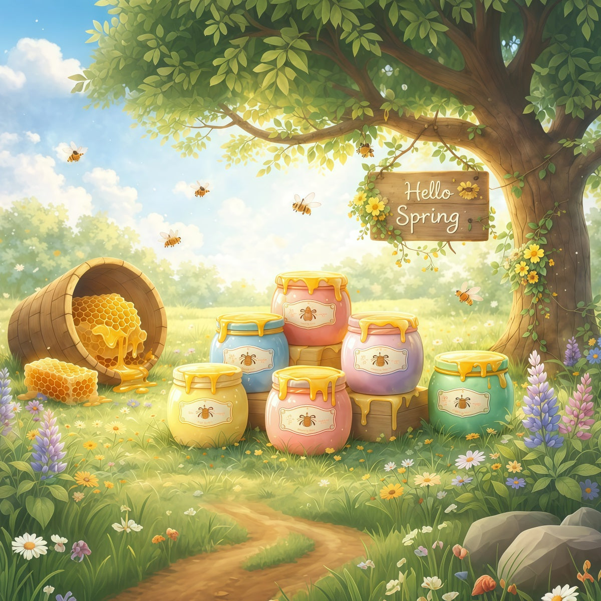 Fond Photo Printemps Illustration Jardin Pot Miel LXX61-165