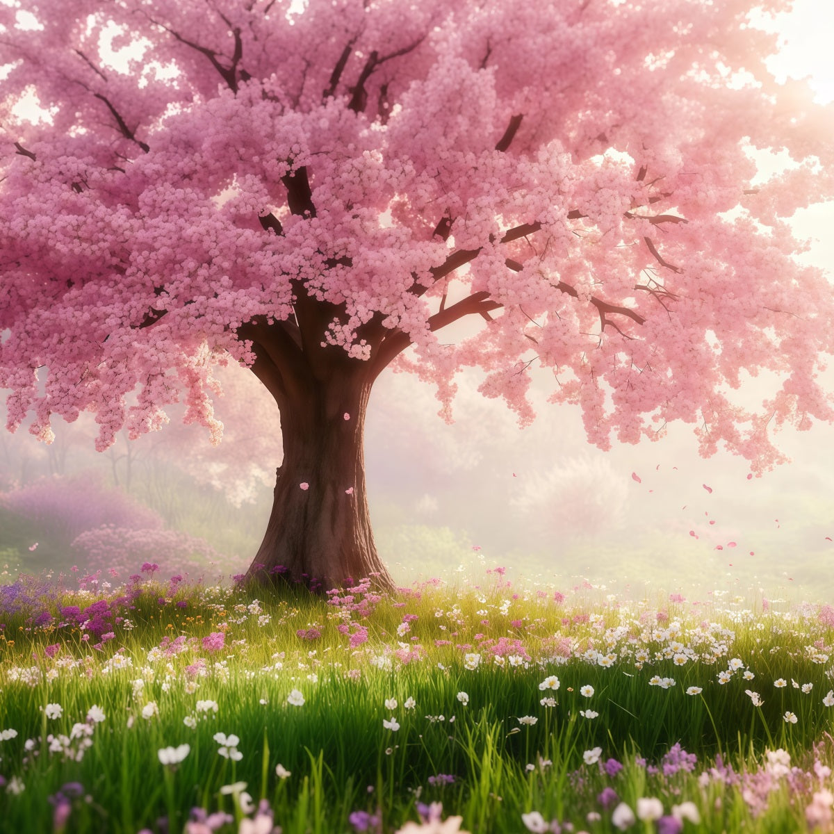 Fond Studio Photo Floral Arbre Prairie Fleurs Roses LXX61-175