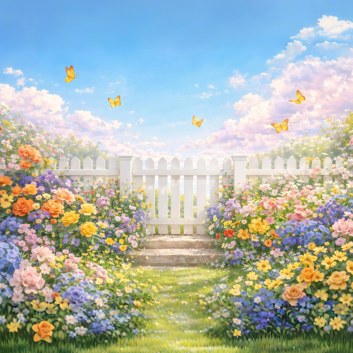 Fond Studio Photo Floral Clôture Blanche Jardin Papillons LXX61-179