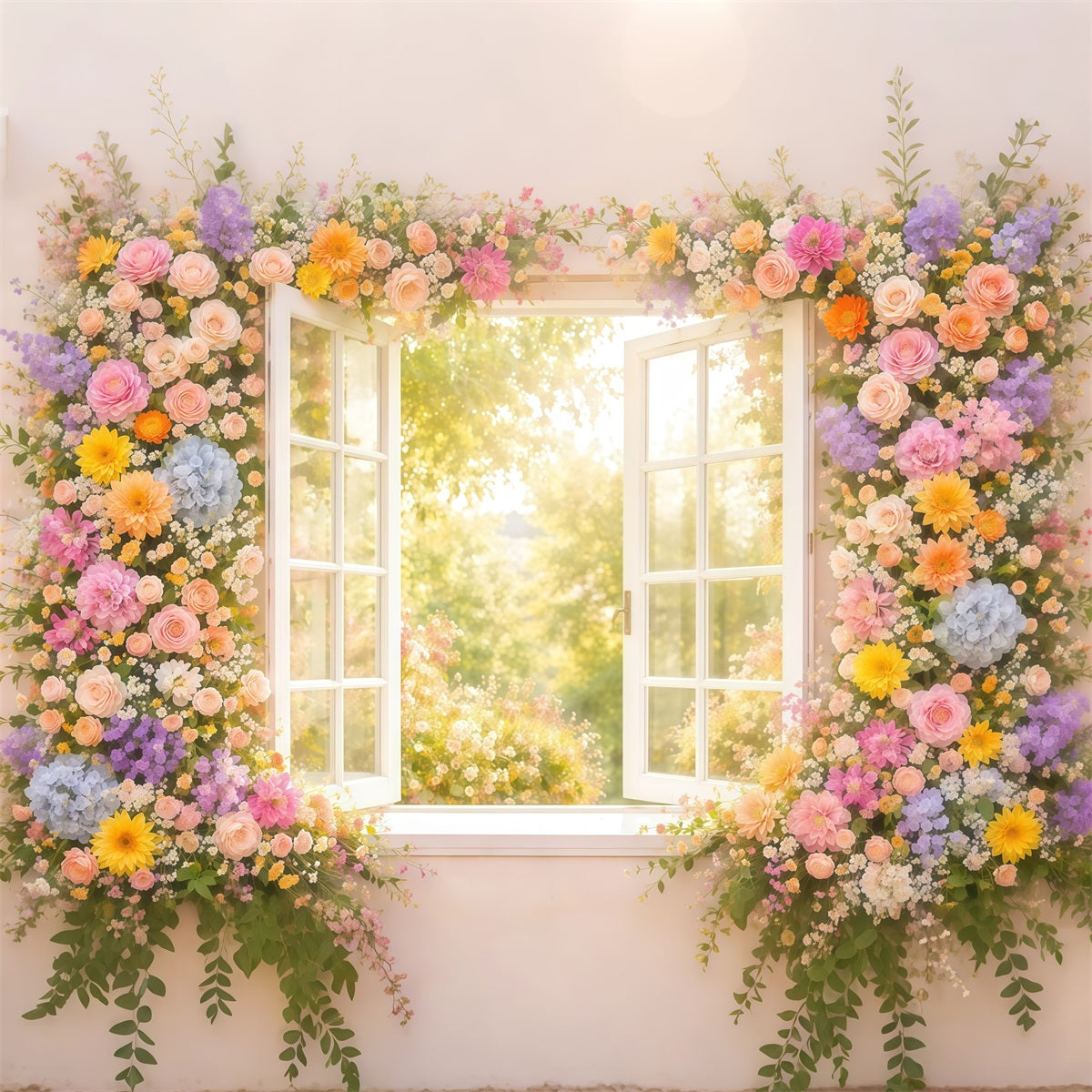 Fond Studio Photo Floral Fenêtre Jardin Baignée De Soleil Lueur LXX61-183