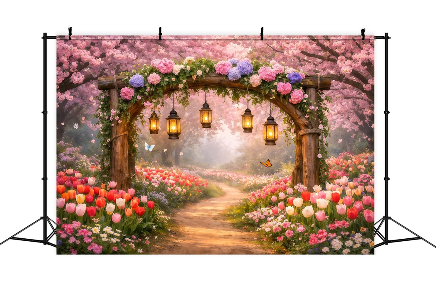 Toile de fond Fleur Allée Jardin Lanternes Fleurs Roses LXX61-202