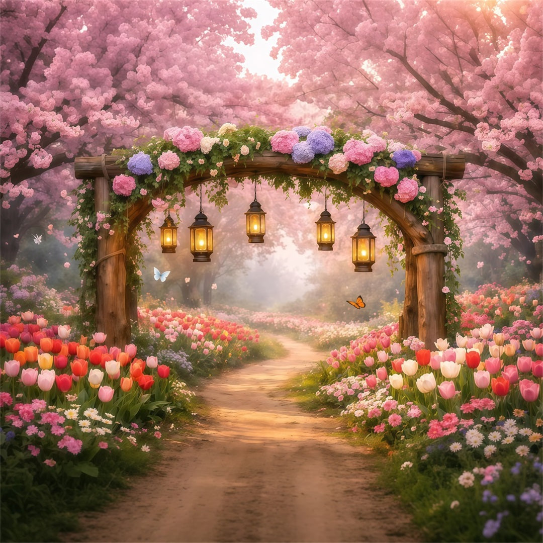 Toile de fond Fleur Allée Jardin Lanternes Fleurs Roses LXX61-202