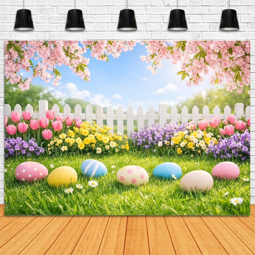 Toile de fond de Pâques Pelouse Jardin Fleurs Cerisier LXX61-35