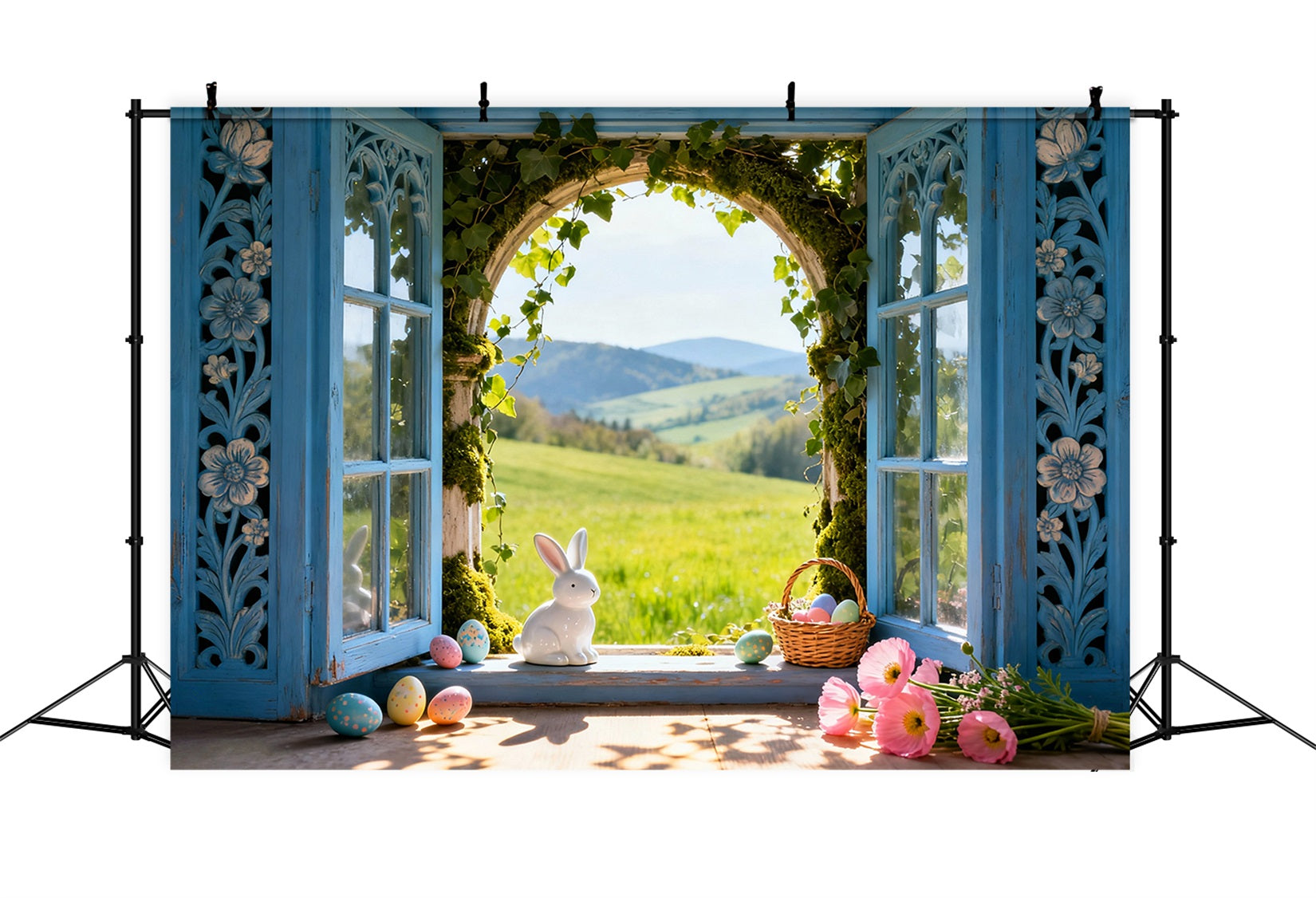Toile de fond de Pâques Fenêtre Prairie Baignée De Soleil Œufs LXX61-39