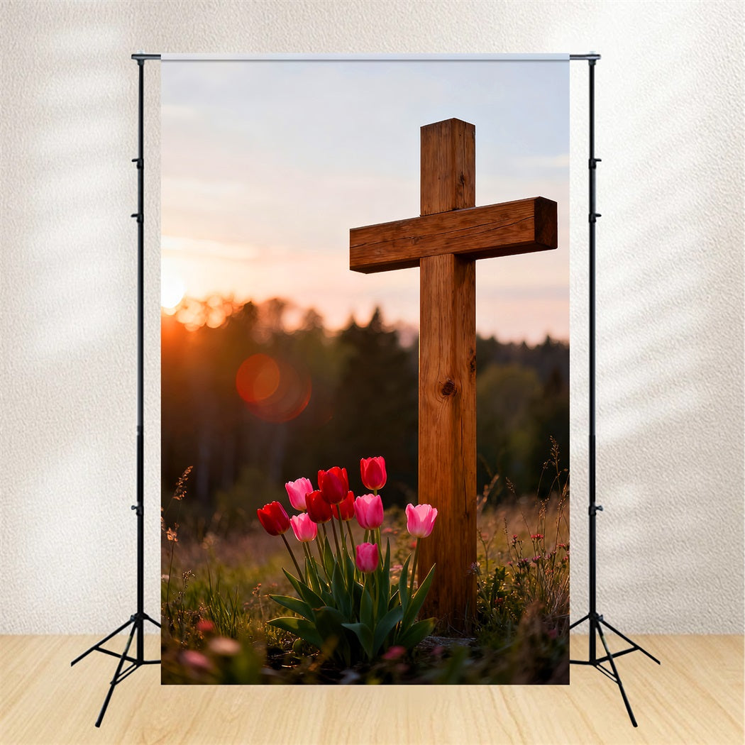 Toile de fond de Pâques Croix Bois Prairie Tulipees LXX61-43