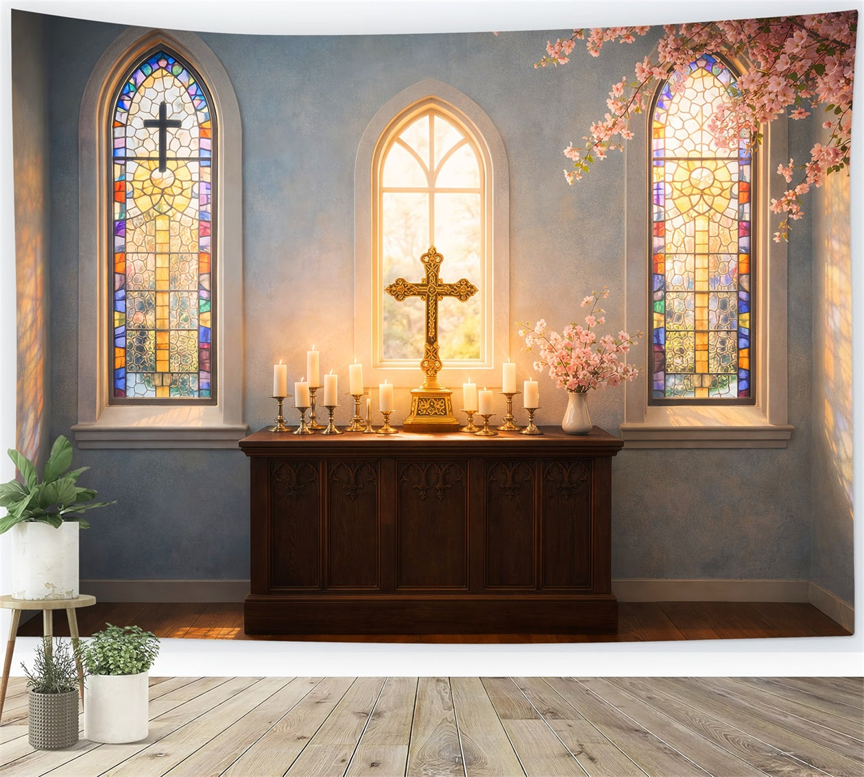 Toile de fond de Pâques Vitrail Baigné De Soleil Croix LXX61-47