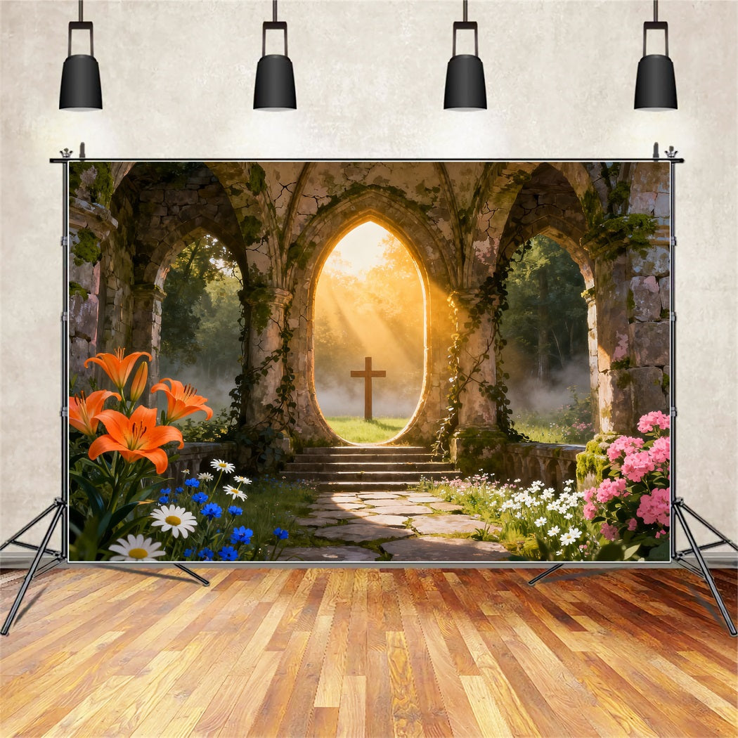 Toile de fond de Pâques Ruines Baignées De Soleil Croix Jardin LXX61-63