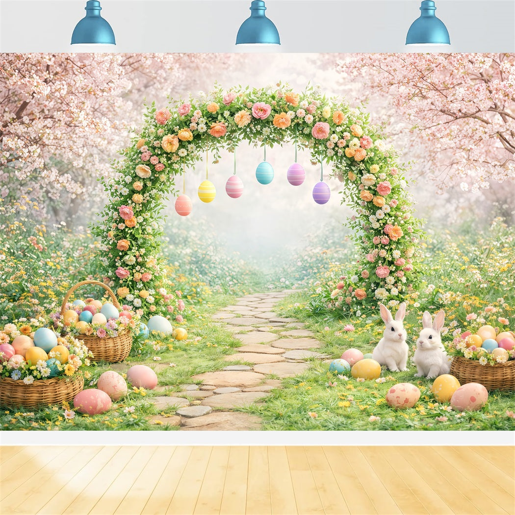 Toile de fond de Pâques Arche Jardin Fleurie Lapin Œufs LXX61-67