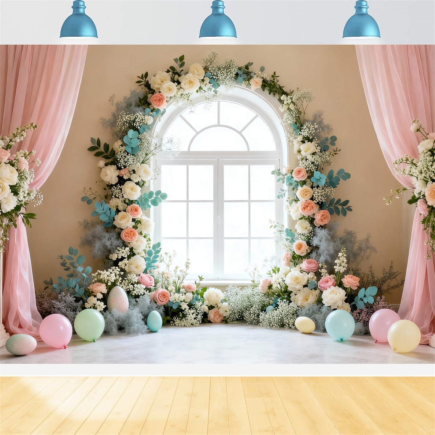 Fond de Pâques Fenêtre Élégante Couronne Florale LXX61-68