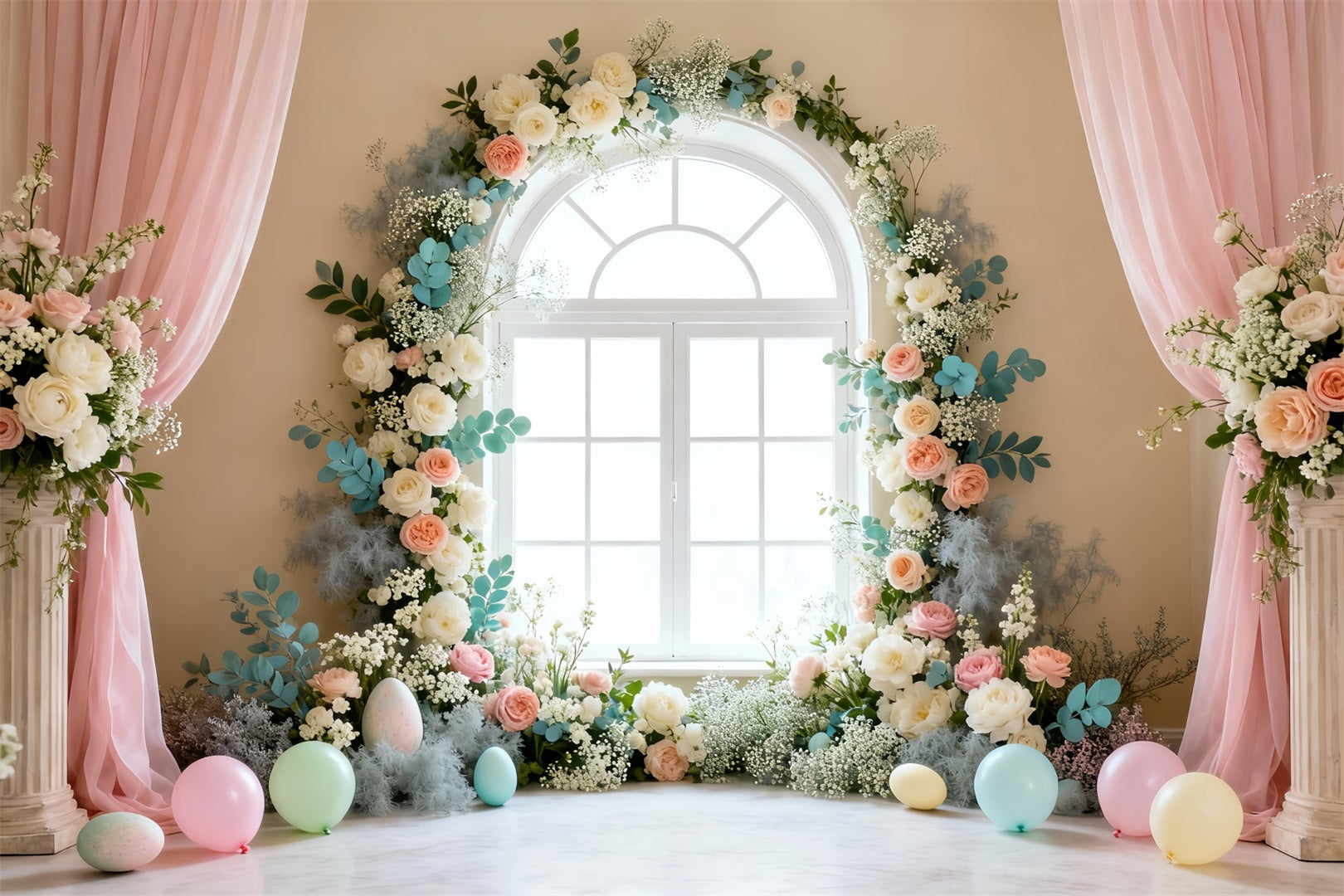 Fond de Pâques Fenêtre Élégante Couronne Florale LXX61-68