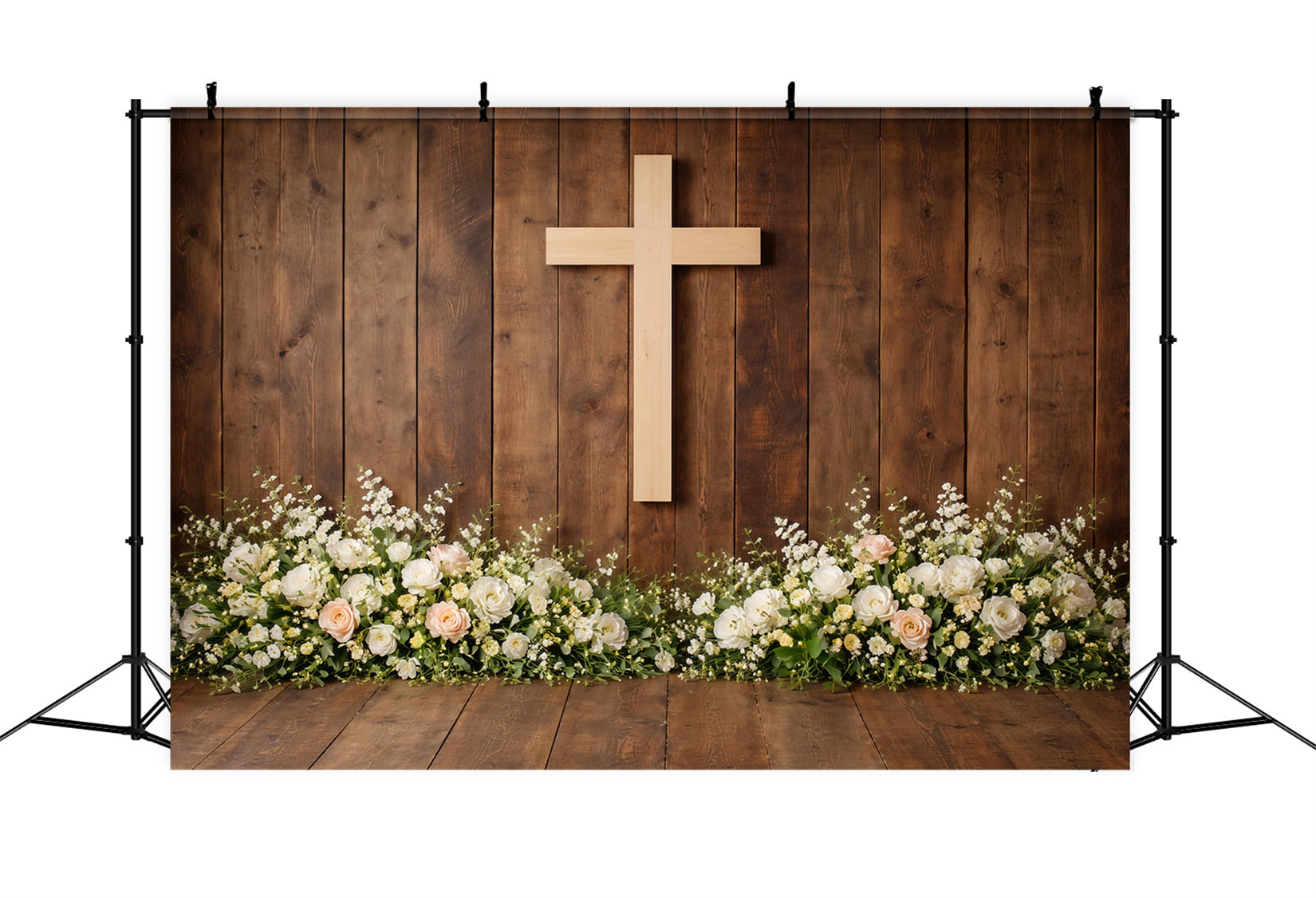 Fond Photo Pâques Base Florale Croix Bois Rustique LXX61-69