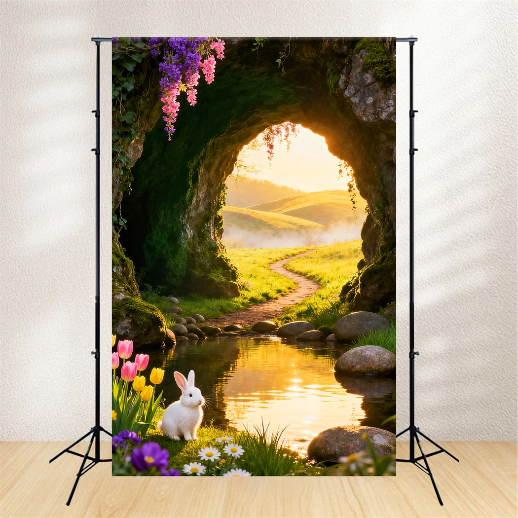 Fond Photo Pâques Lever Du Soleil Doré Grotte Prairie Ruisseau LXX61-77