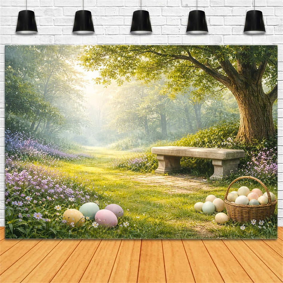 Toile de fond de Pâques Banc Prairie Forêt Baignée De Soleil LXX61-83