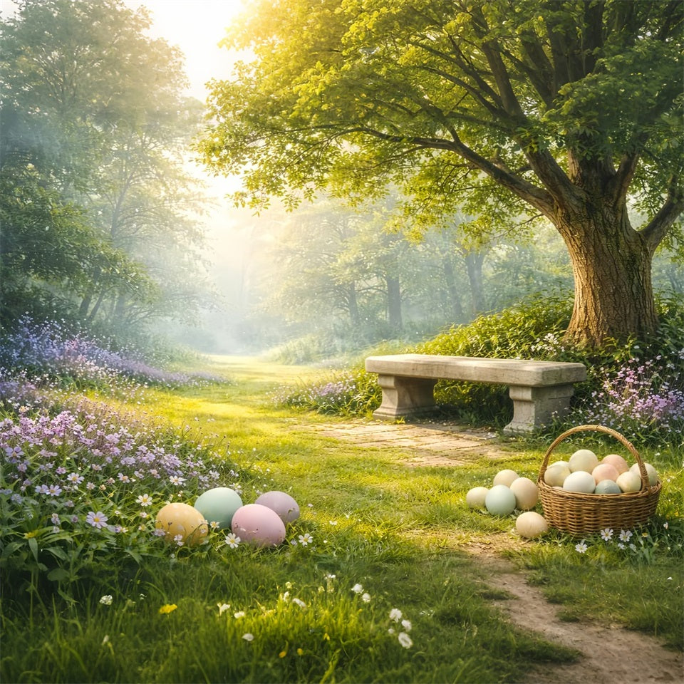 Toile de fond de Pâques Banc Prairie Forêt Baignée De Soleil LXX61-83
