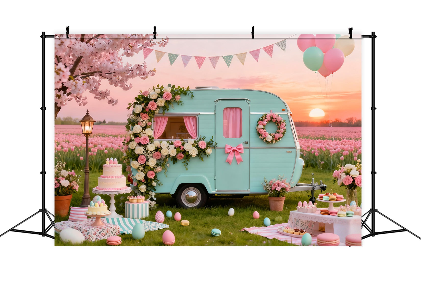Toile de fond de Pâques Caravane Vintage Pique-Nique Floral LXX61-91