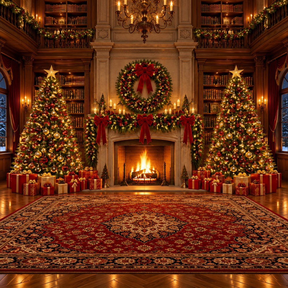 Fond Photo De Noël Bibliothèque Ornée Cheminée Couronne LXX610-151