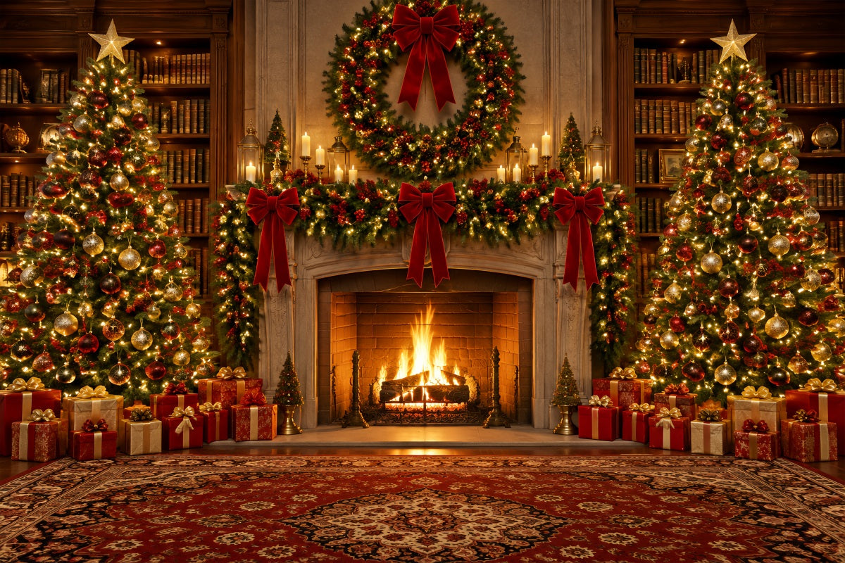 Fond Photo De Noël Bibliothèque Ornée Cheminée Couronne LXX610-151