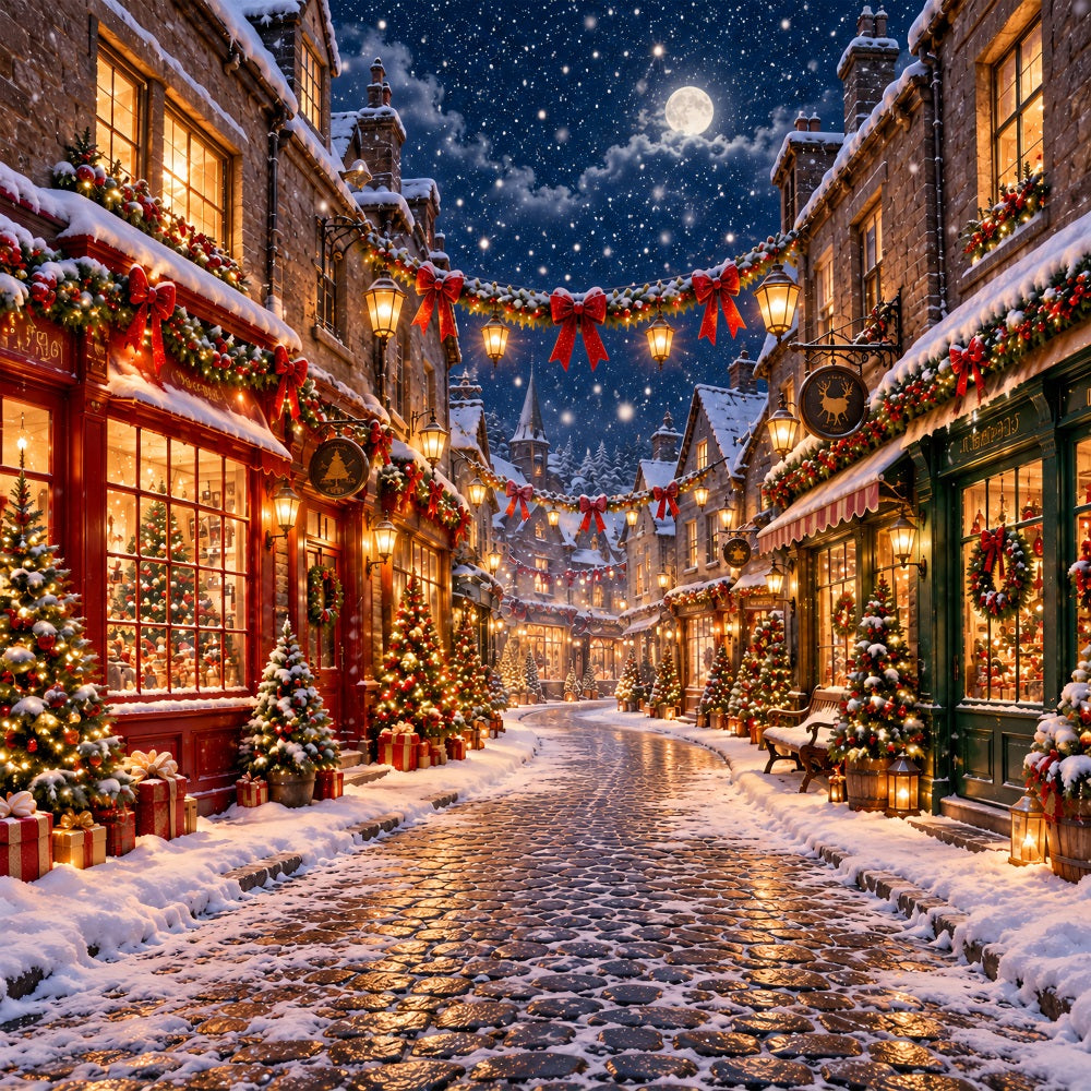 Fond De Village De Noël Rue Hivernale Lanternes Enneigées LXX610-153