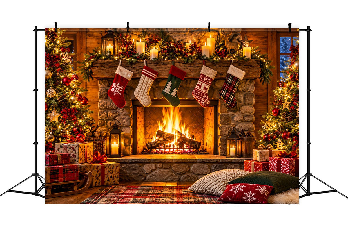 Fond Photo De Noël Salon Rustique Chaussettes Cheminée LXX610-154