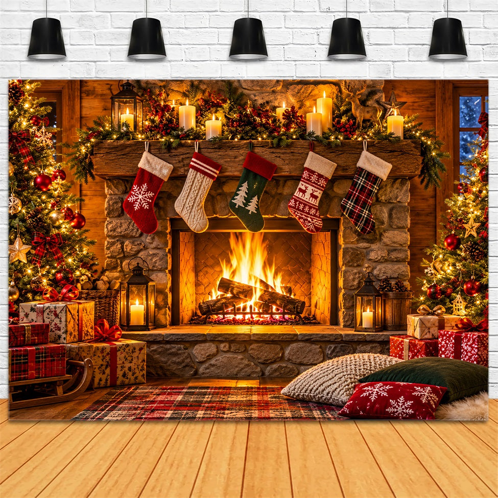 Fond Photo De Noël Salon Rustique Chaussettes Cheminée LXX610-154