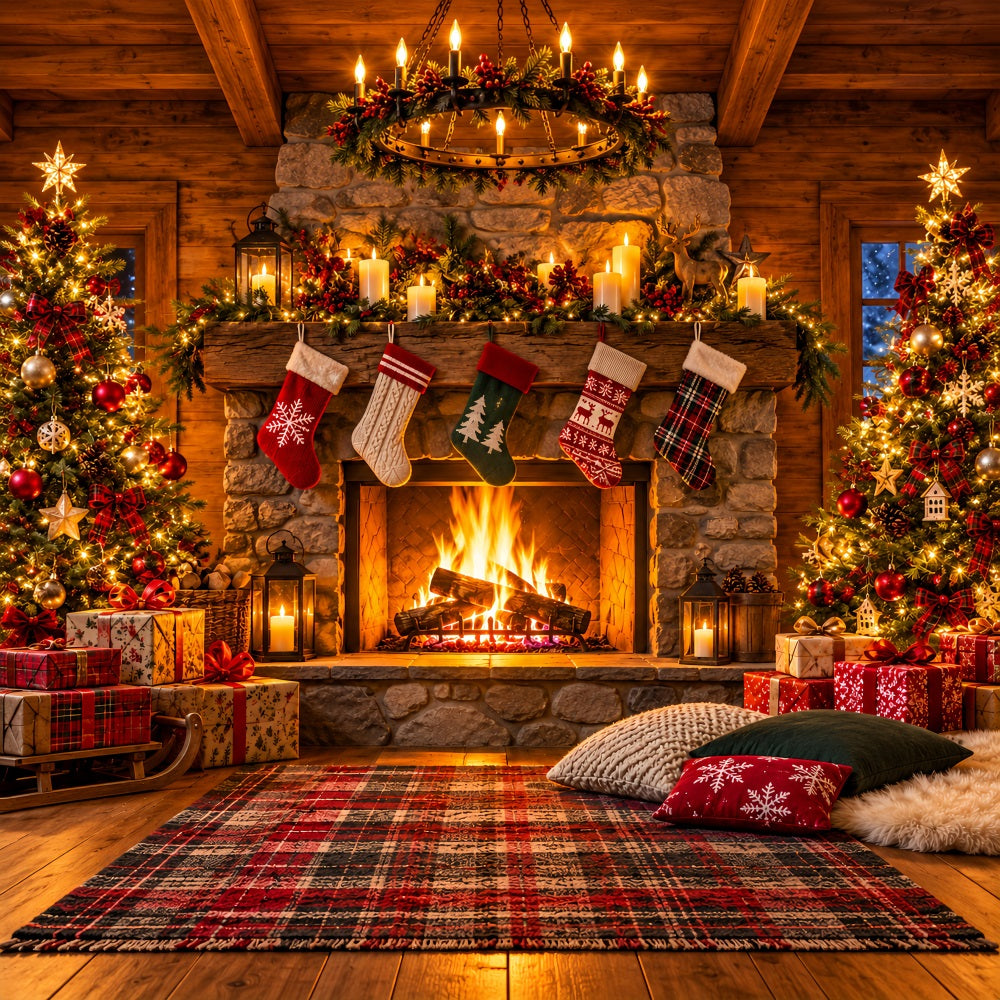 Fond Photo De Noël Salon Rustique Chaussettes Cheminée LXX610-154