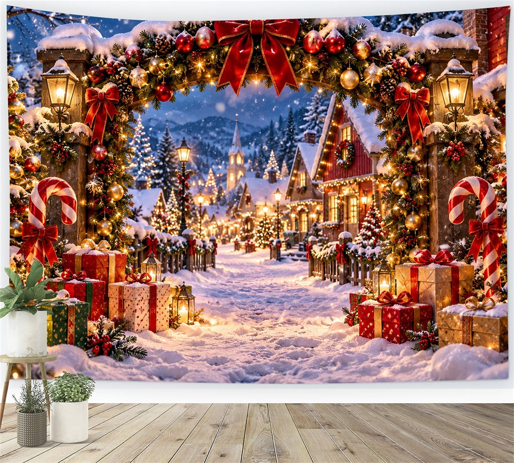 Fond De Village De Noël Entrée Bonbons Sucre Enneigée LXX610-162