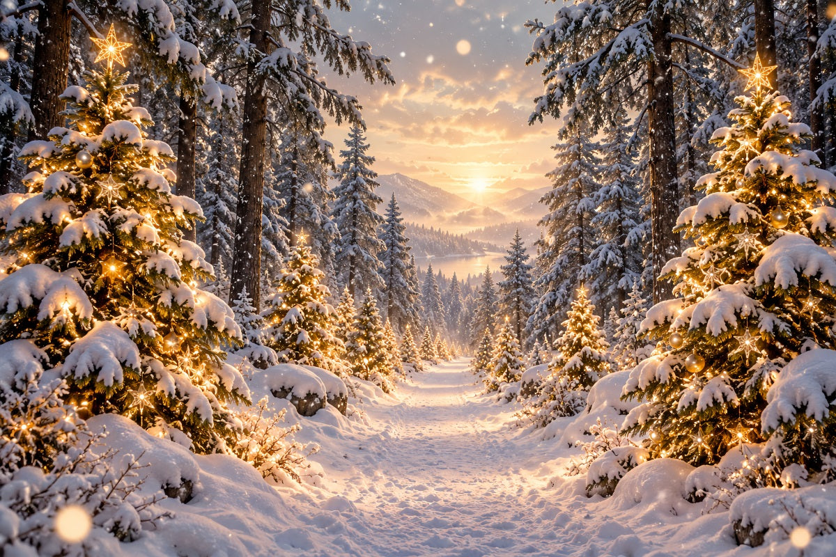 Fond De Forêt De Noël Coucher Soleil Doré Sapins Enneigés LXX610-167