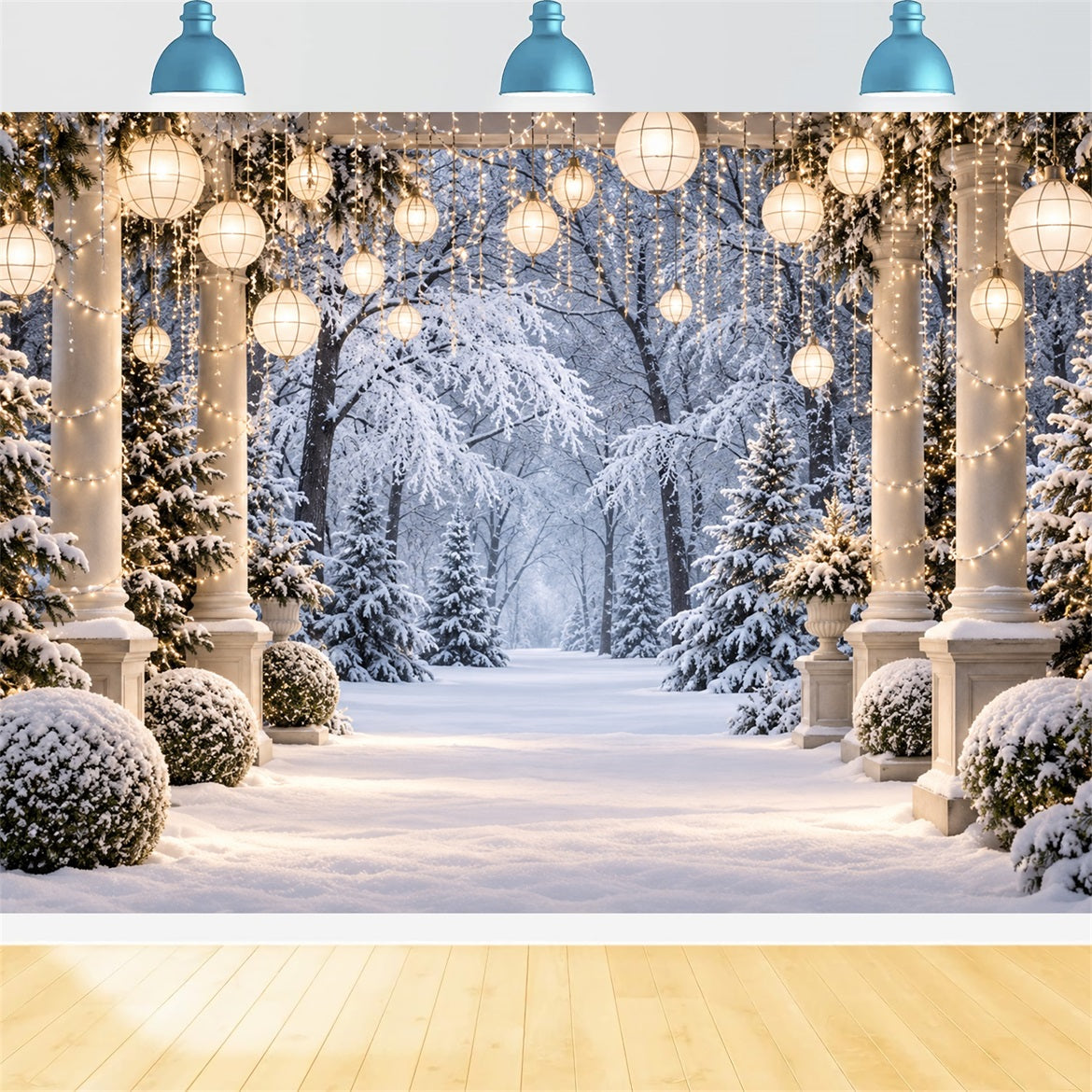 Fond De Forêt De Noël Allée Colonnes Lanternes Enneigées LXX610-177