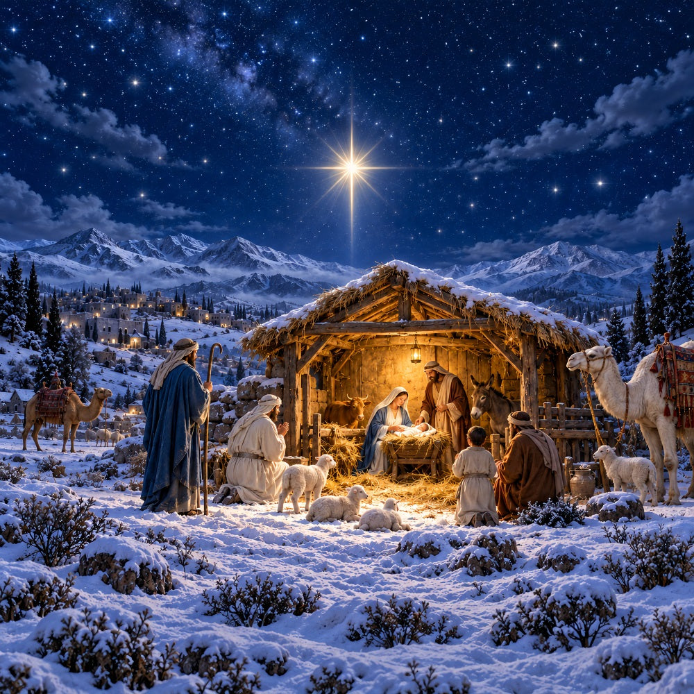 Fond De Crèche De Noël Étoile Bethléem Montagnes Enneigées LXX610-181