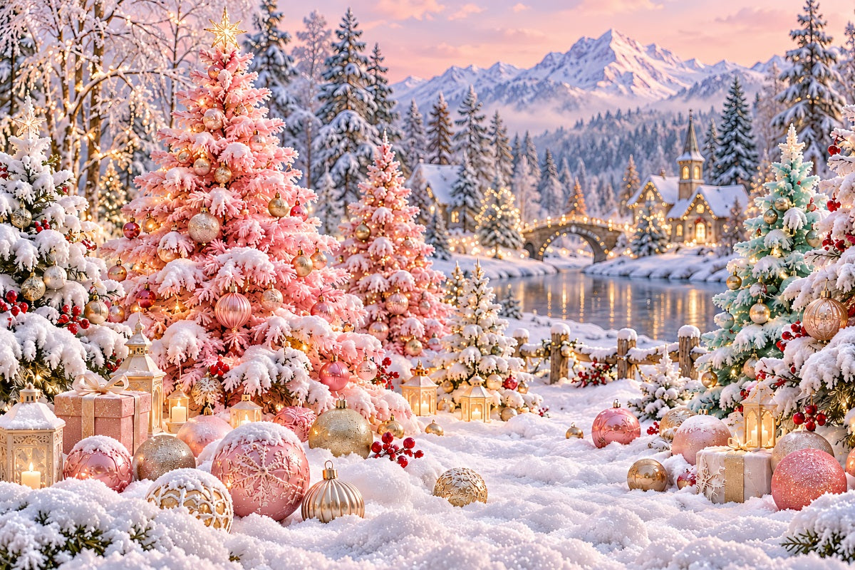 Fond De Sapins De Noël Village Enneigé Rose Poudré LXX610-185