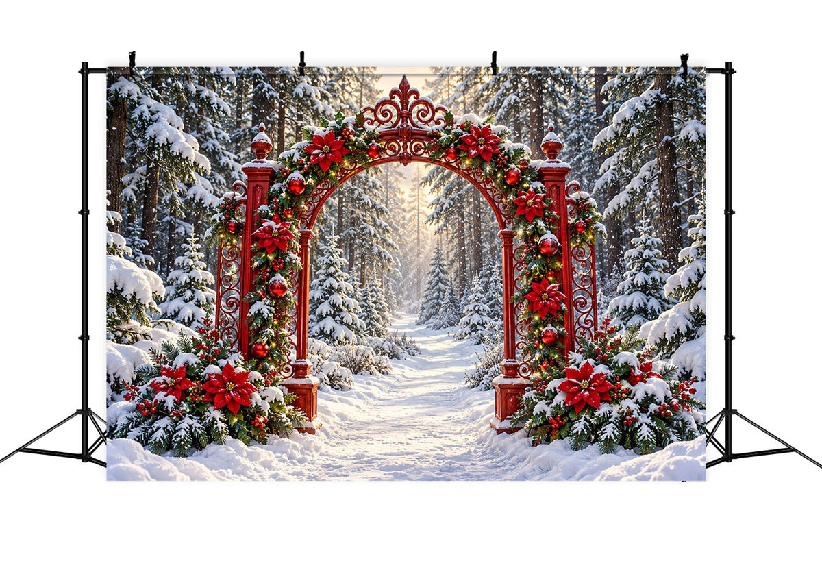Fond De Noël Forêt Arche Poinsettias Rouges Enneigée LXX610-187