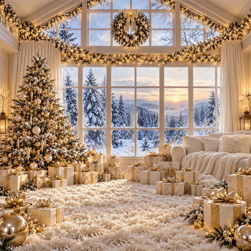 Fond Photo De Noël Blanc Ivoire Doré Fenêtre Élégante LXX610-188