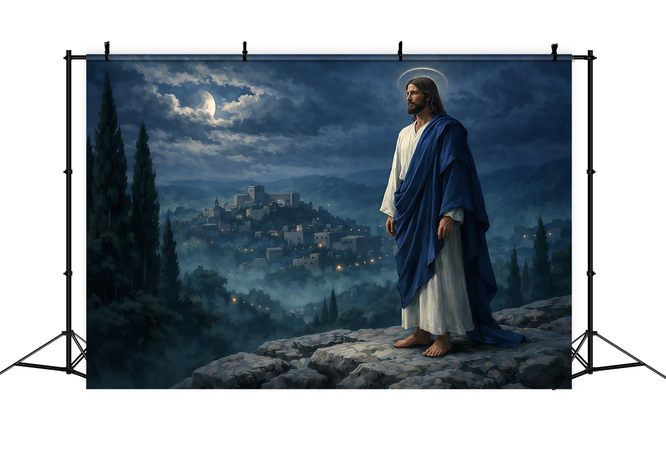 Toile de fond Pâques Village Montagne Messie au Clair de Lune LXX62-32
