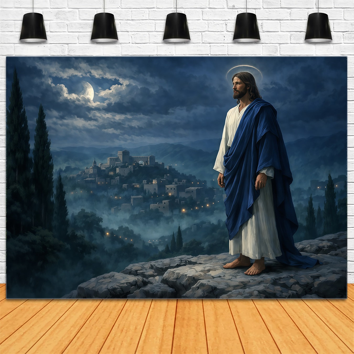 Toile de fond Pâques Village Montagne Messie au Clair de Lune LXX62-32