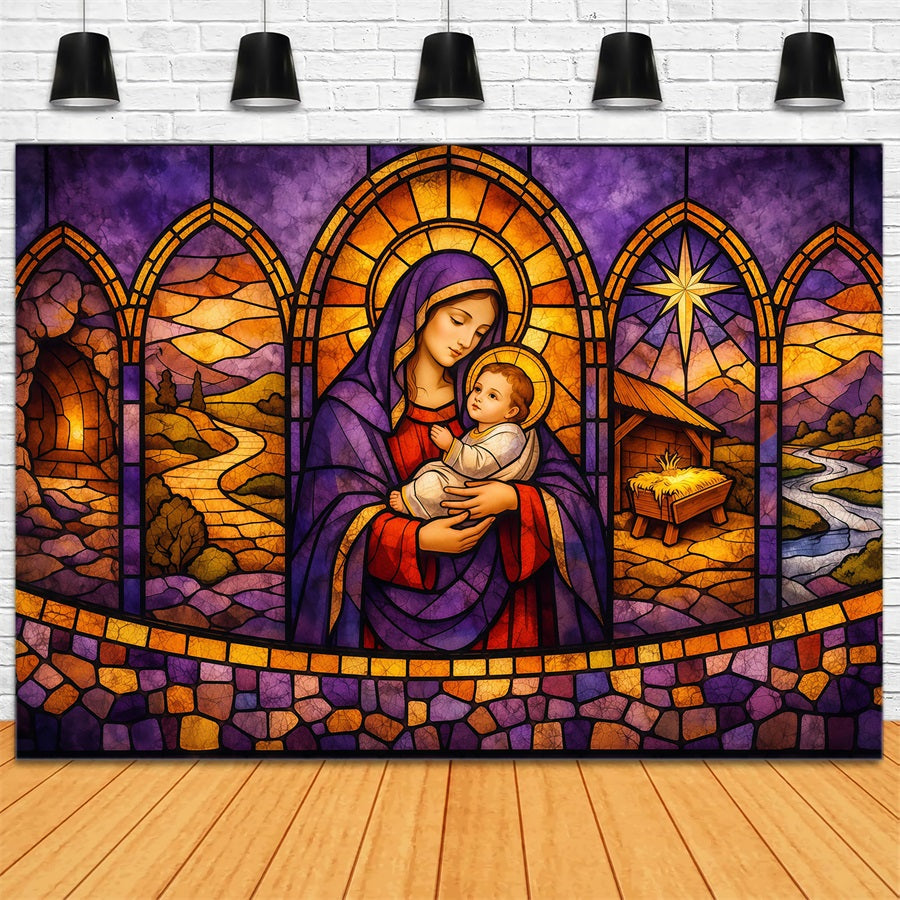 Toile de fond Studio Pâques Vitrail Nativité Sainte Mère et Enfant LXX62-34