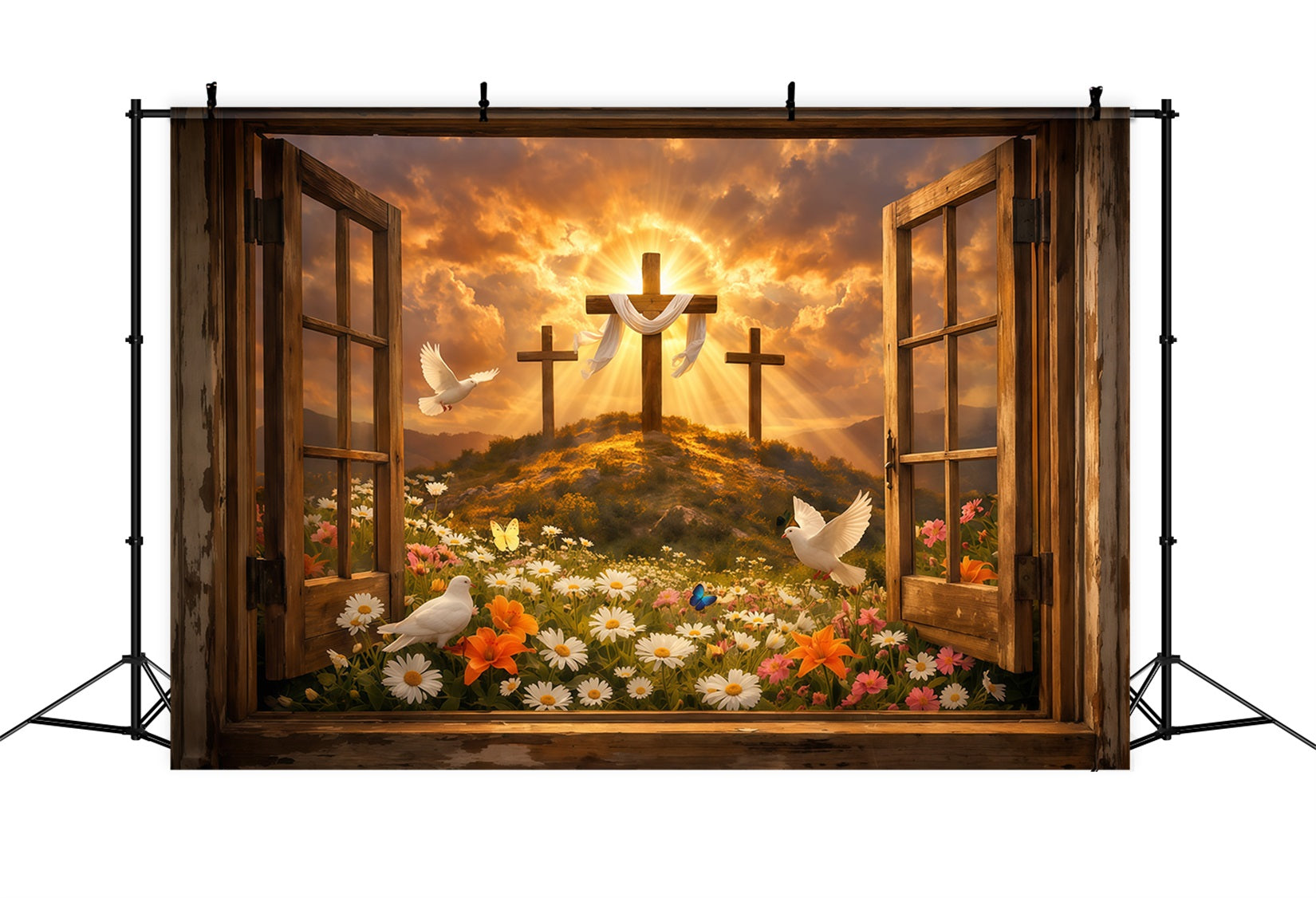 Toile de fond Pâques Fenêtre Ouverte Colline Résurrection Lever de Soleil LXX62-37