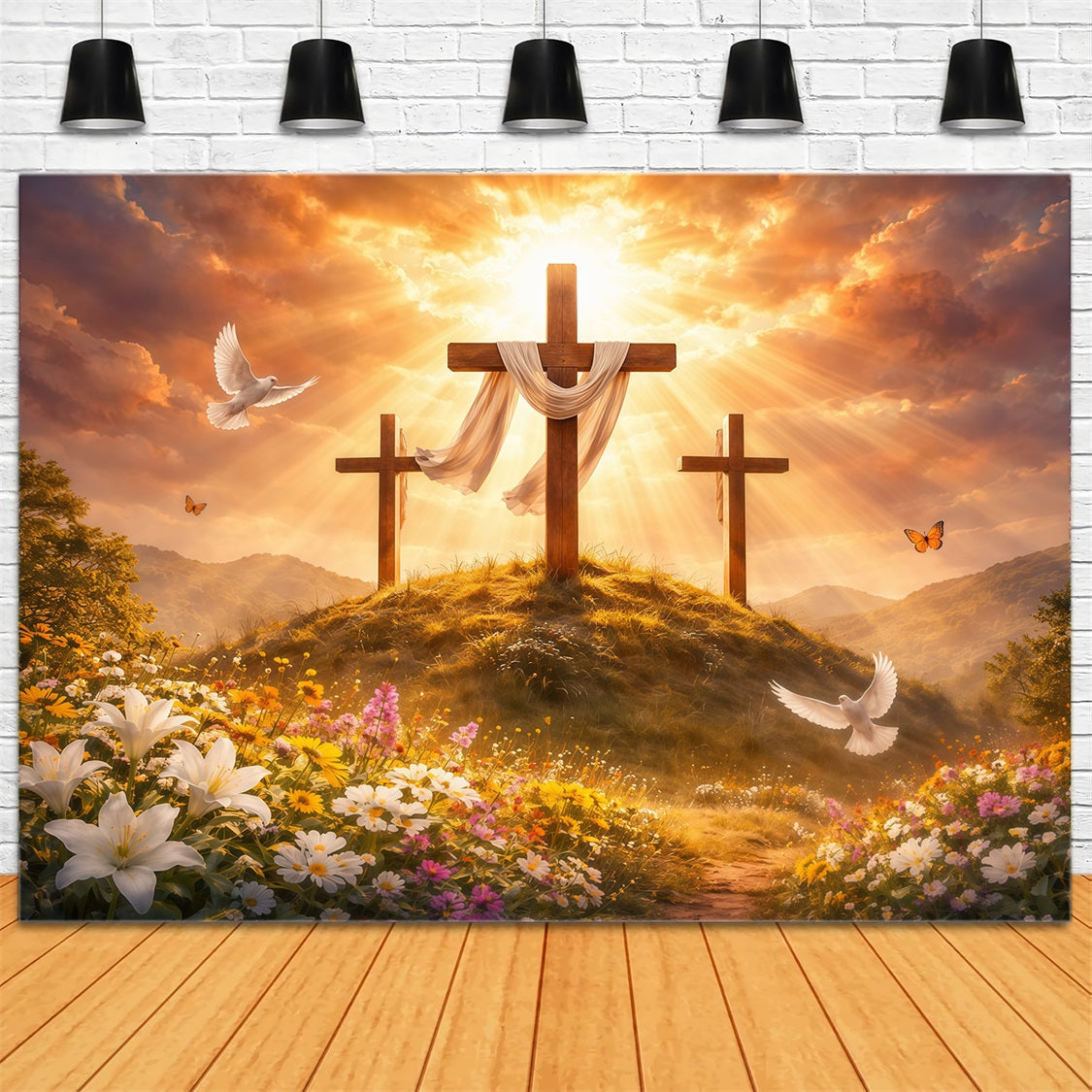 Fond Photo Pâques Gloire Dorée Trois Croix Prairie LXX62-38