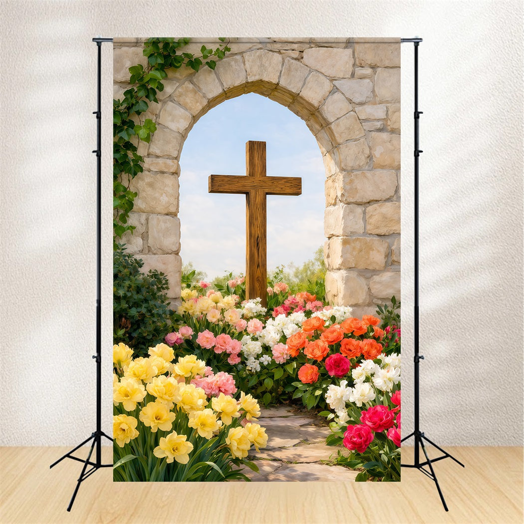 Toile de fond Photo Pâques Arche Rustique Croix Chemin Floral LXX62-55