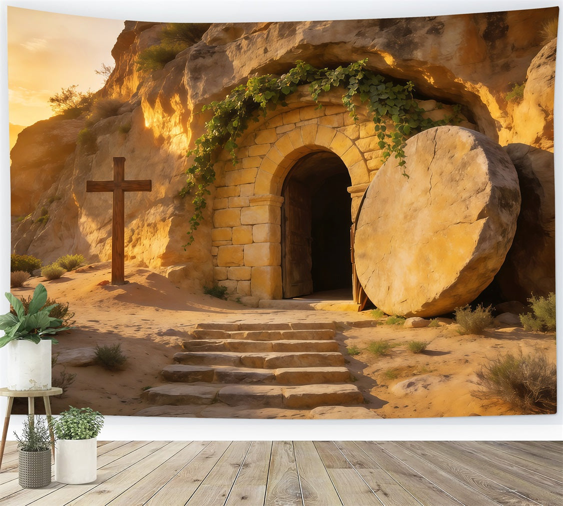 Toile de fond Studio Pâques Croix Grotte Vide Lever de Soleil Doré LXX62-64