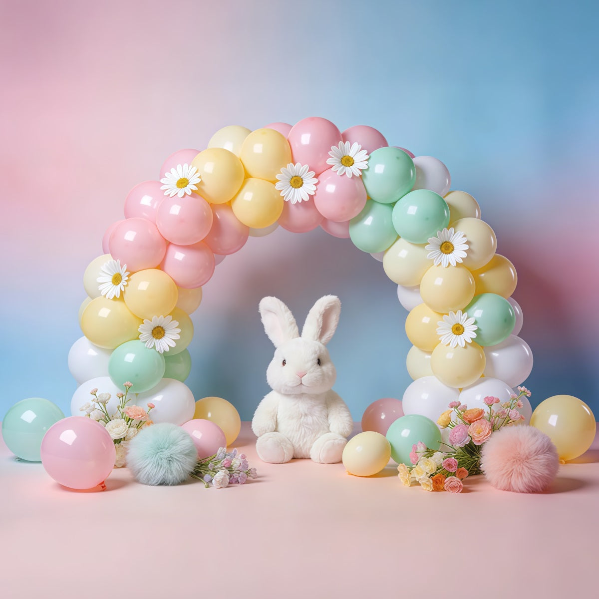 Toile de fond Photo Pâques Arche Marguerites Lapin Fleurs LXX62-70