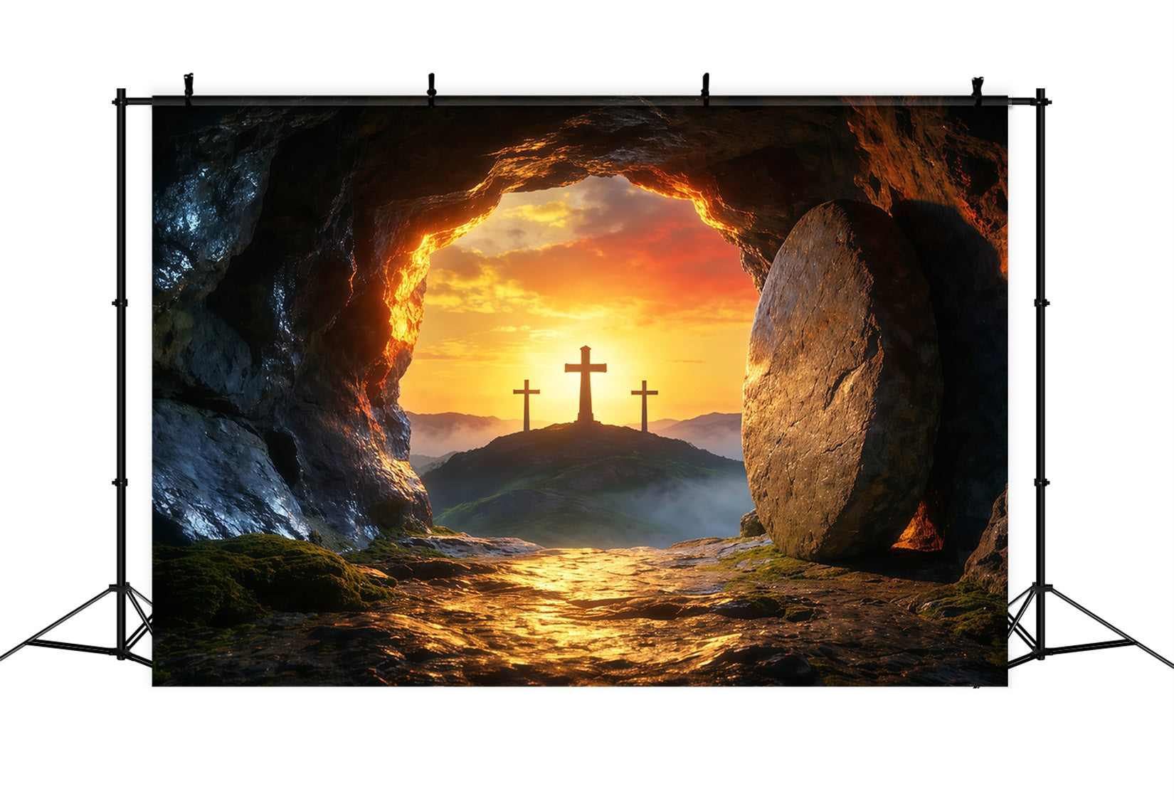 Toile de fond Photo Pâques Trois Croix Grotte Vide Lever de Soleil LXX62-85