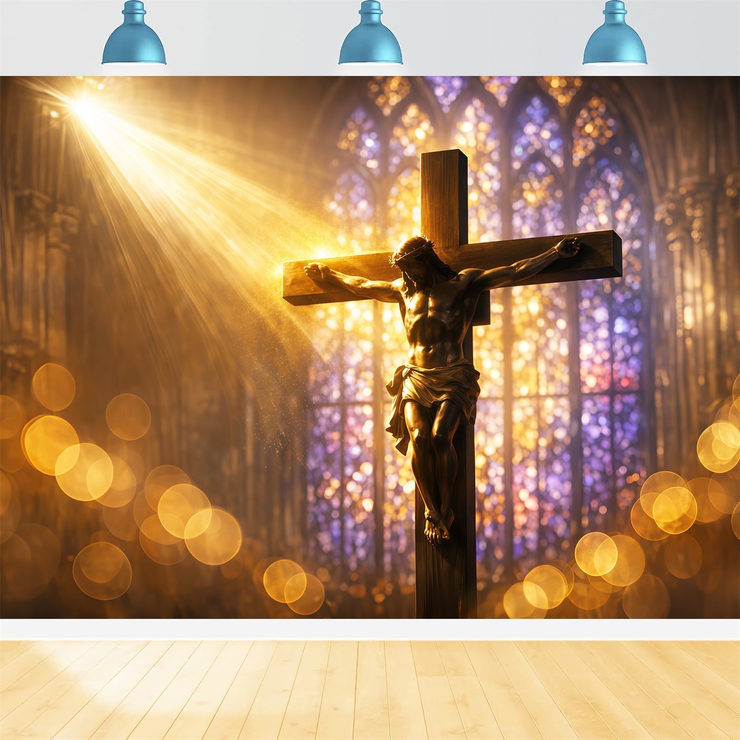 Toile de fond Pâques Crucifix Vitrail Rayonnant LXX62-87