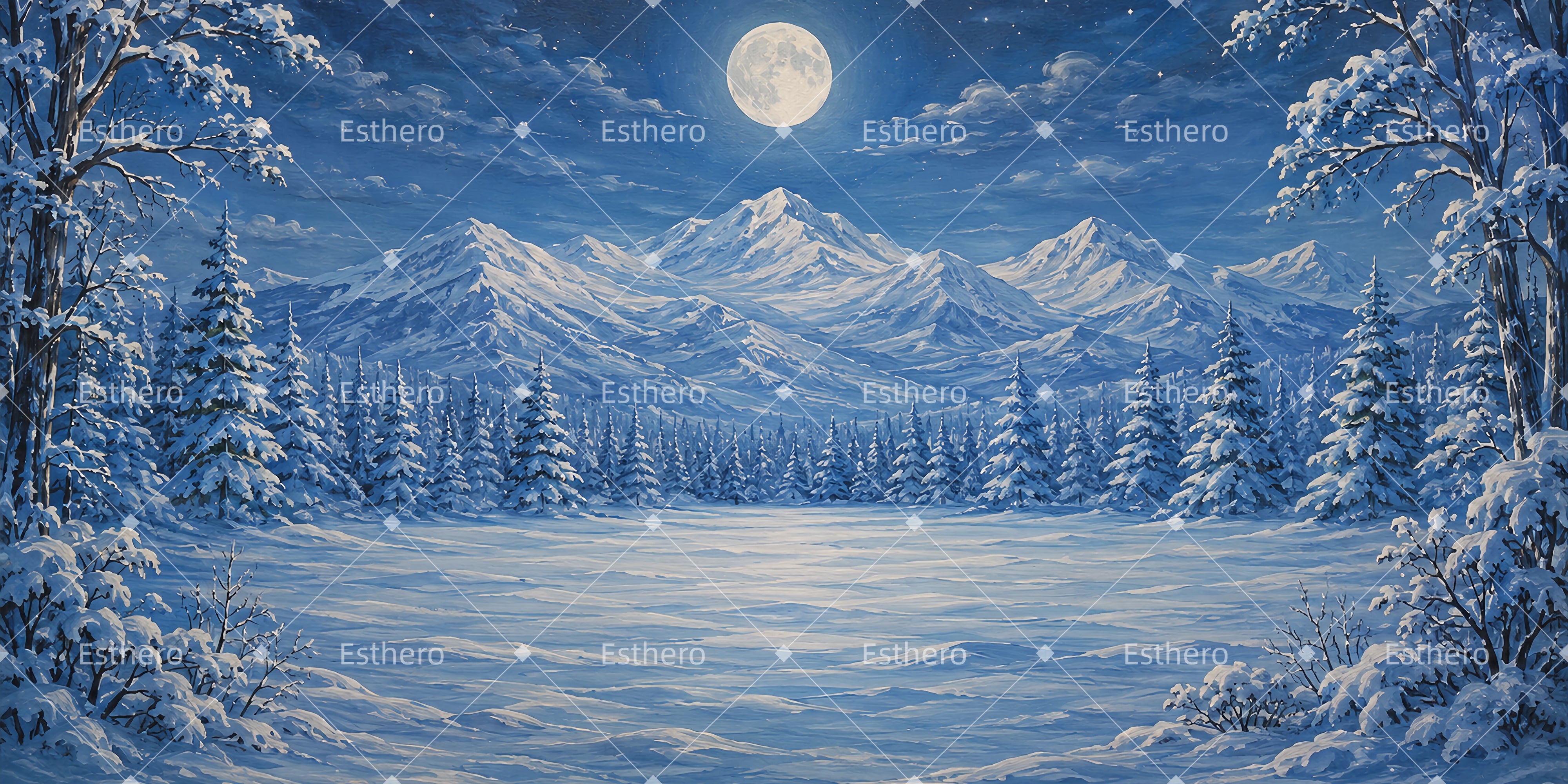 Toile de fond panoramique avec sommets enneigés au clair de lune LXX65-T100