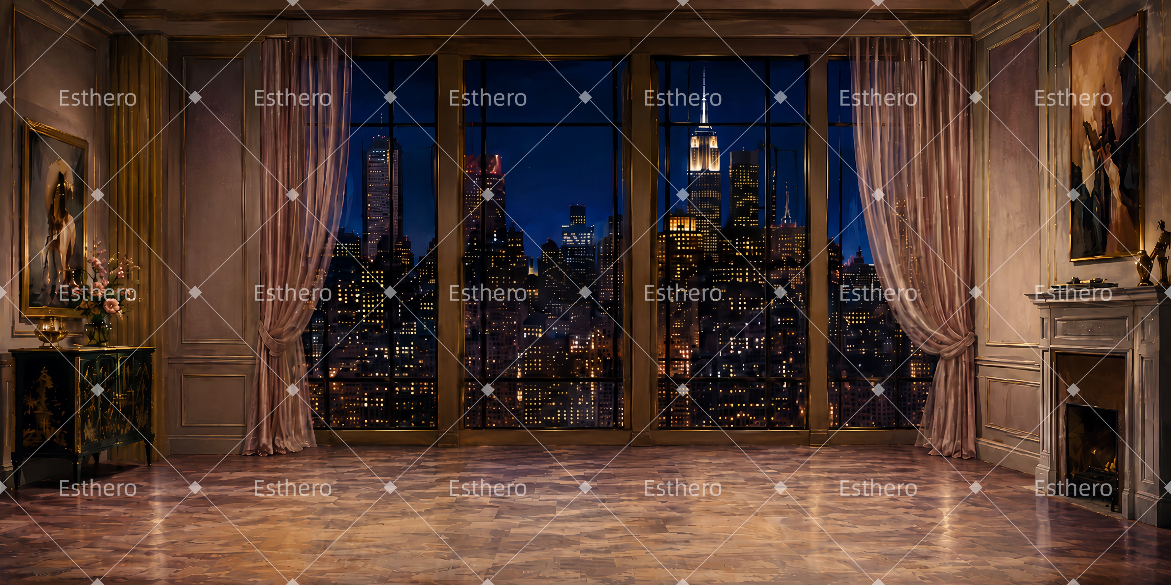 Toile de fond théâtre suite de luxe avec vue sur les gratte-ciel LXX65-T37
