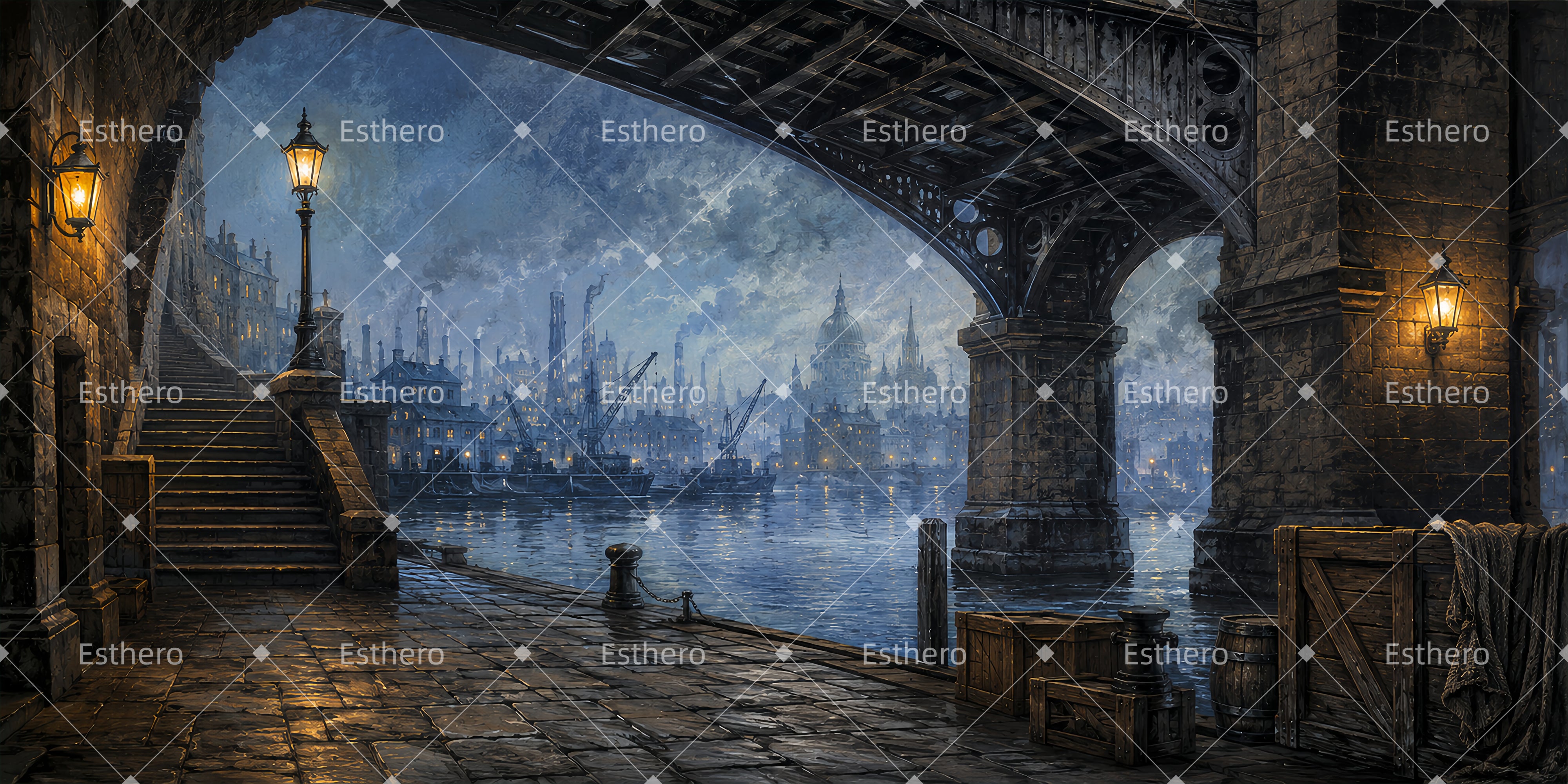 Toile de fond quai de Londres au bord de la rivière décor de cinéma LXX65-T56