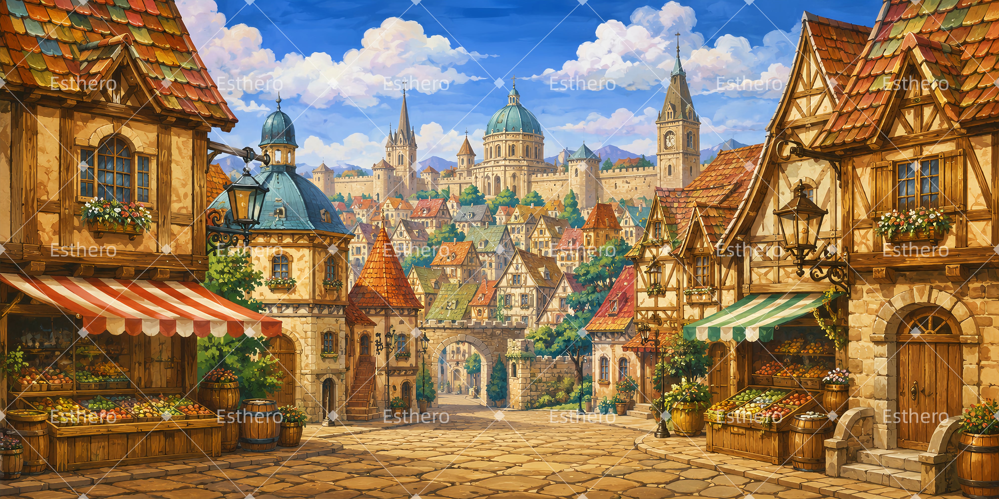 Toile de fond ville médiévale marché décor de théâtre LXX65-T58